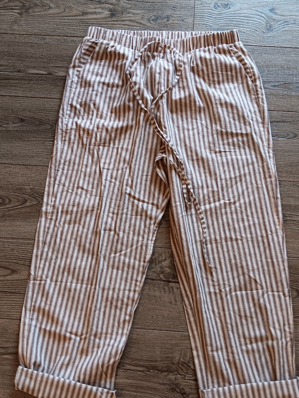 Striped Drawstring Lounge Pants in Brown and White.